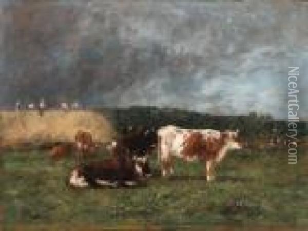 Les Meules, Vaches Au Pturage (haystacks, Cows In Thepasture) Oil Painting - Eugene Boudin
