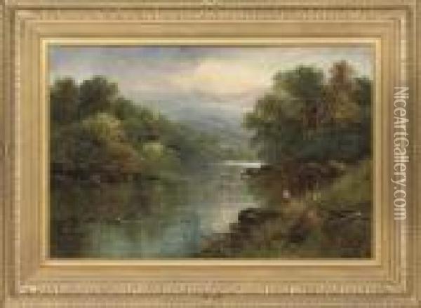 Fishing From The Riverbank Oil Painting - George B. Yarnold