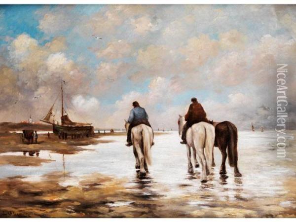 Zwei Reiter Mit Begleitpferd Imwattenmeer Vor An Land Gezogenem Segelschiff Oil Painting - Johannes Hermann Barend Koekkoek