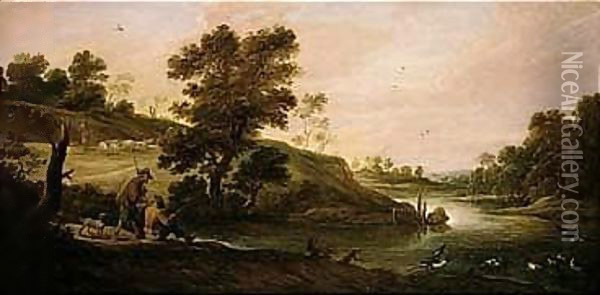 A River Landscape With Fishermen And Shepherds Oil Painting - David The Younger Teniers