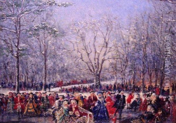 Winter Festival Scene 
 With Skaters On A Frozen Lake Oil Painting - Conrad Wise Chapman