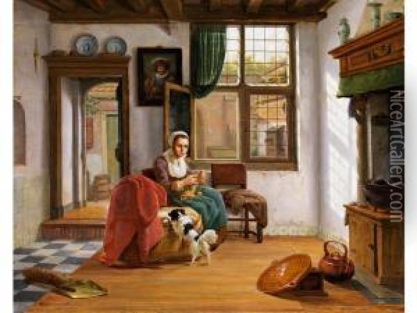 Hollandisches Interieur Mit Strickender Junger Frau Und Hund Oil Painting - Abraham van, I Strij