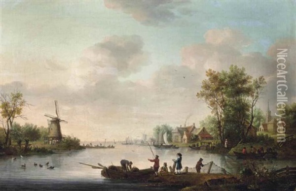 A River Landscape With Fishing Boats, A Windmill And A Town Beyond Oil Painting - Marten J. Waefelaers