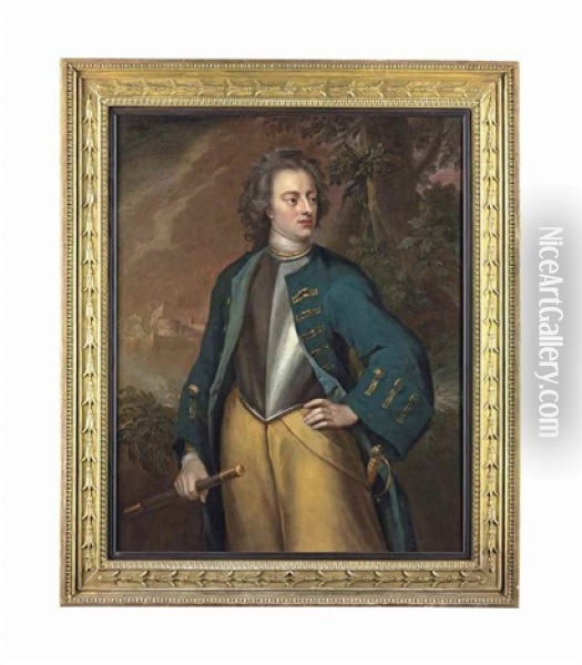 Portrait Of King Carl Xii Of Sweden (1682-1718), Three-quarter-length, In A Green Coat Over A Steel Cuirass, Holding A Commander's Baton And Wearing A Sword, A Fortress Beyond Oil Painting - Michael Dahl