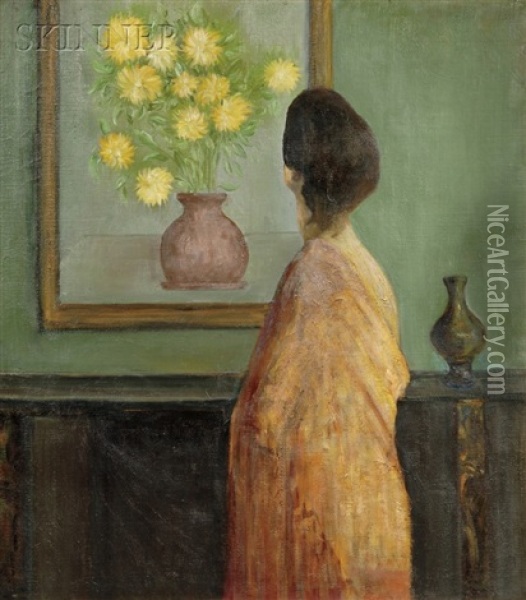 Portrait Of A Woman By A Mantel Oil Painting - Maurice Compris