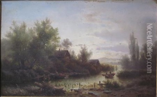 River Landscape With Figures In A Barge Oil Painting - Albert Reigner