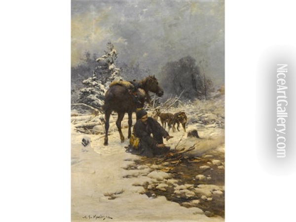 A Hunter In The Snow Warming His Hands By A Fire Oil Painting - Michael Gorstkin-Wywiorski