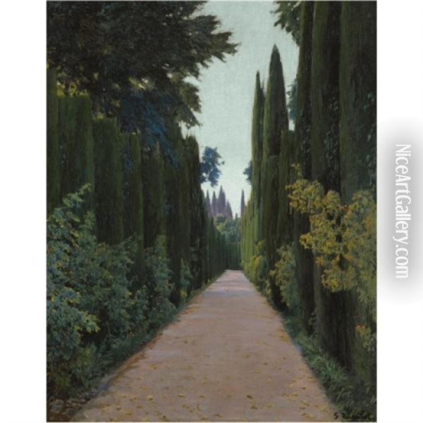 Soledad, Granada - Gardens Of The Generalife, Granada Oil Painting - Santiago Rusinol