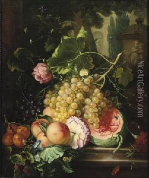 Grapes, A Melon, Peaches And 
Other Fruit, A Rose, Violets And Otherflowers On A Stone Ledge In A Park
 Landscape Oil Painting - Cornelis van Spaendonck
