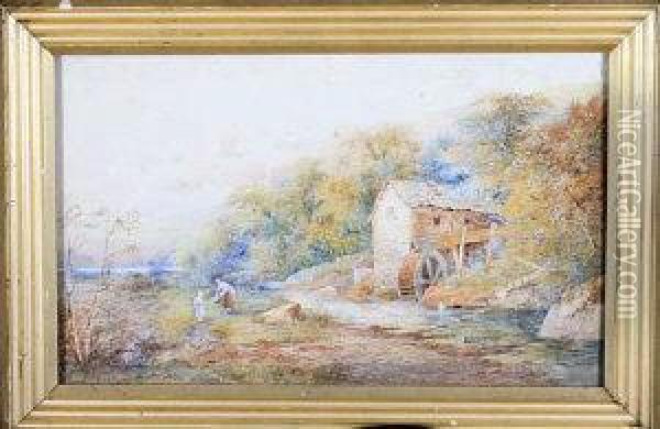 A Mother And Daughter Gathering Wild Flowers By A Watermill Oil Painting - John Rock Jones