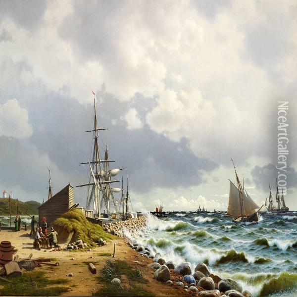 Coastal View With Numerous Sailing Ships At Sea Oil Painting - Christian Eckardt