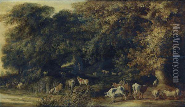 A Wooded Landscape With Animals Drinking At A Stream Oil Painting - Kerstiaen De Keuninck The Elder