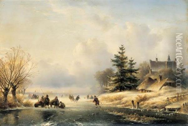 Skaters On A Frozen Waterway, A Mansion Beyond Oil Painting - Lodewijk Johannes Kleijn