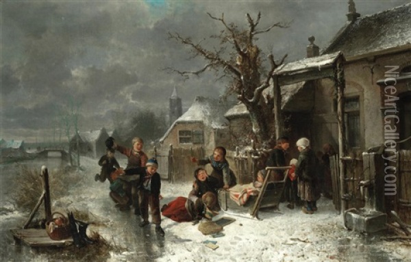 Children Playing On A Frozen Canal Oil Painting - Mari ten Kate