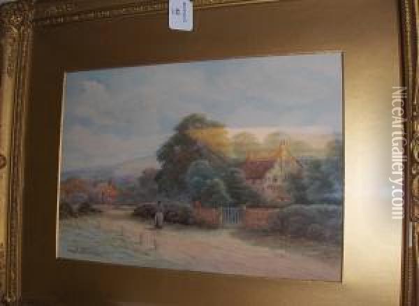 Figure Before A Cottage; Eashing
 Bridge,surrey, Signed And Dated 1928, A Pair Of Watercolours Oil Painting - George Oyston