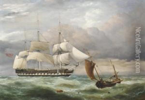 An East Indiaman Hove-to In The Channel With A Boulogne Lugger Passing Oil Painting - George Philip Reinagle