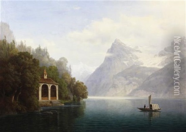 Swiss Lake Scene With Figures In A Ferry Boat Oil Painting - Leonhard Rausch