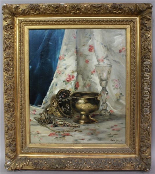 Nature Morte A L'encensoir Et Au Calice De Cristal Sur Fond De Toile Fleurie Oil Painting - Joseph Bail