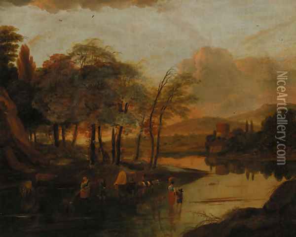 Peasants fording a river Oil Painting - Jan Siberechts