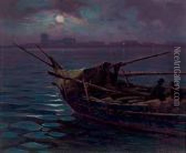 Barche In Notturno Oil Painting - Renuccio Renucci