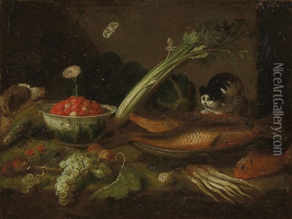 Kitchen Scene With Fish, Vegetables, Fruit, And Animals Oil Painting - Jan van Kessel the Elder