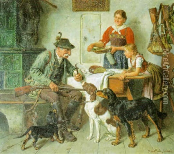 Brotzeit (alter Jager Mit Seinen Hunden Am Kachelofen In Der Stube) Oil Painting - Adolf Eberle
