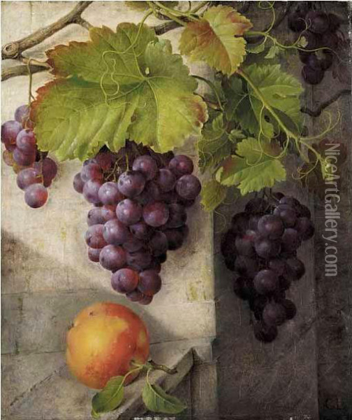 A Still Life With Grapes On A Vine And A Peach On A Stone Ledge Oil Painting - Christine Marie Lovmand