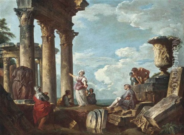 An Architectural Capriccio With A Sibyl Preaching Oil Painting - Giovanni Paolo Panini