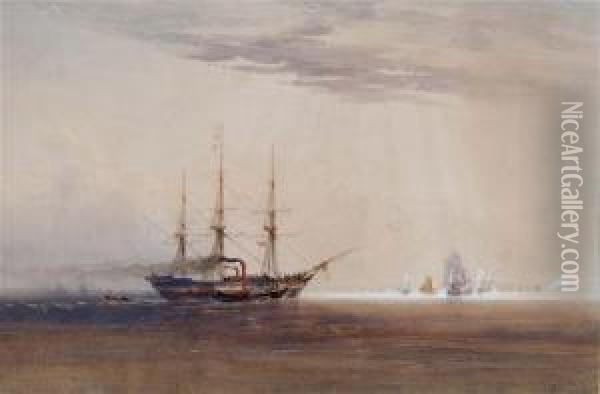 A Three Masted Sailing Vessel 
And Paddle Steamer In Calm Waters With Further Shipping In The Distance Oil Painting - Charles Bentley