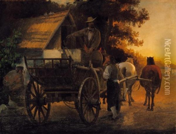 Traveller In Front Of The Inn Oil Painting - Ferenc Ujhazy