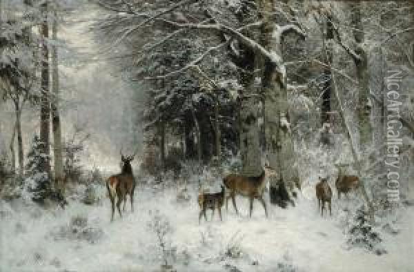 Deer In A Winter Landscape (1889) Oil Painting - Arthur Thiele