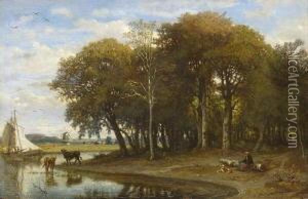 Flussufer. Oil Painting - Felix Hippolyte Lanoue