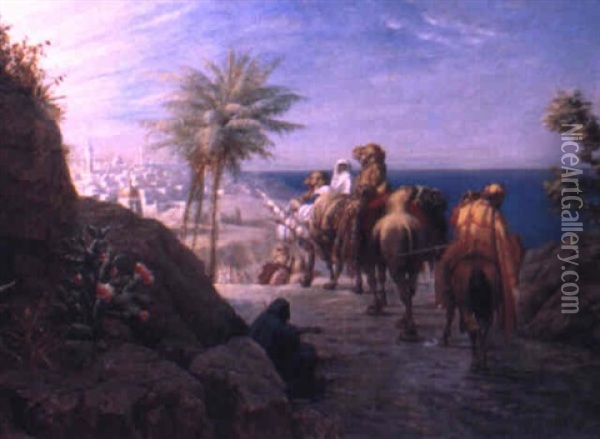 A Caravan Approaching A Seaside Town Oil Painting - Oskar Begas