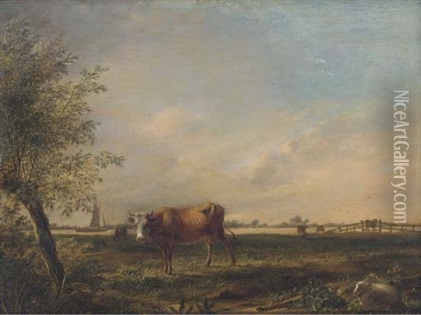 A Landscape With Cattle And Sheep, Boating On A River Beyond Oil Painting - Johannes I Janson
