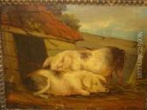 Two Pigs Near A Sty, Unsigned On Board Oil Painting - George Morland
