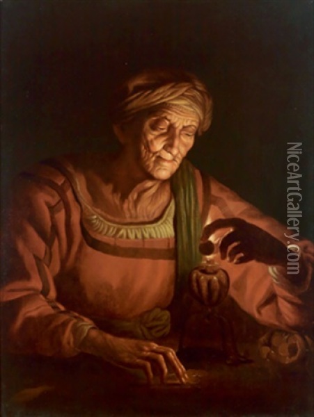 Alte Frau, Die Beim Licht Einer Ollampe Eine Munze Pruft Oil Painting - Mathaeus Stomer the Younger