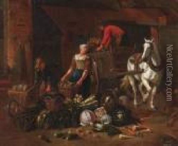 Vegetable Merchant With Horse-cart And Wheelbarrow Oil Painting - Pieter Angillis