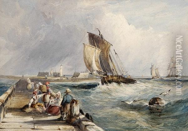 Ships Entering Harbour And The Quay At Ardrossan Oil Painting - John William Edge