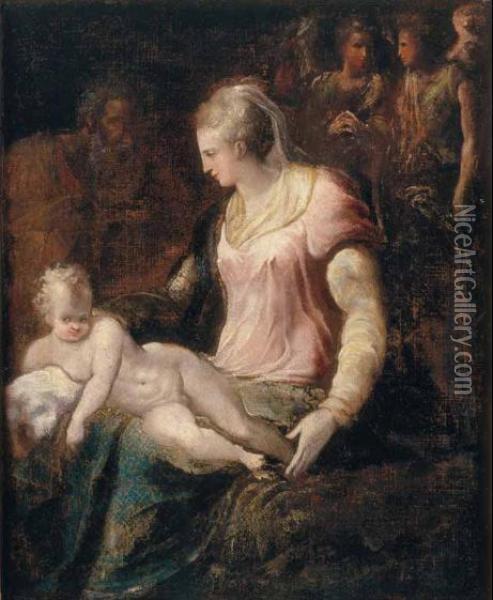 Sacra Famiglia Con Angeli Oil Painting - Jacopo Zanguidi, Called Jacopo Bertoija