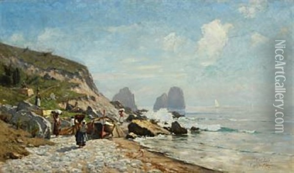 Coastal Scenery From Capri With The Faraglioni Cliffs In The Background Oil Painting - Ernst Ludwig Plass