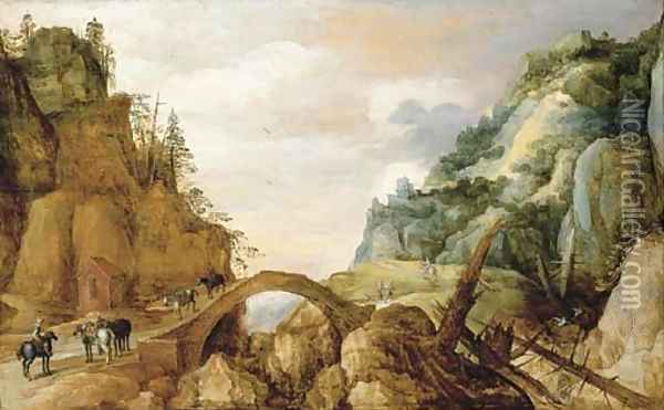 A mountainous landscape with horsemen and travellers crossing a bridge Oil Painting - Josse de Momper