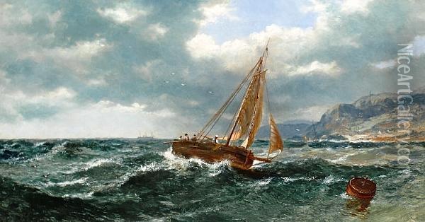 Fishing Boats Off A Coast; And A Coastal Landscape At Sunrise Oil Painting - Ernest Longstaffe