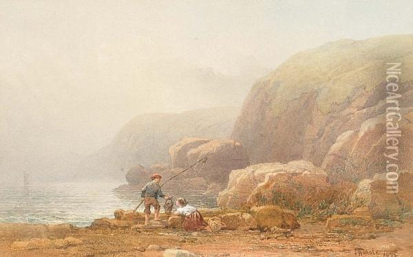 Fishing On A Rocky Beach Oil Painting - John Henry Mole