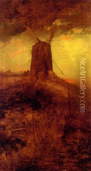 Windmill At Sunset Oil Painting - Thomas Moran