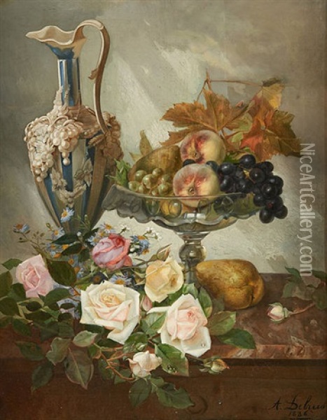 Entablement Garni De Roses Et De Fruits Oil Painting - Alexandre Debrus