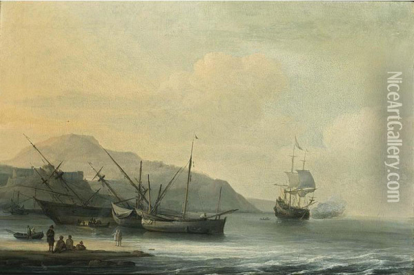 A Coastal Landscape With A Ship Careened For Caulking, Together With Other Sailing Boats And A Ship Firing A Salute Oil Painting - Jan Theunisz Blankof Blanckerhoff