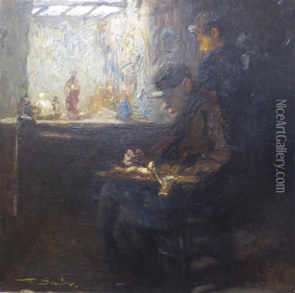 Figures Model Making And Sculpting Items In An Interior, Possibly Bruges Oil Painting - Mark Senior