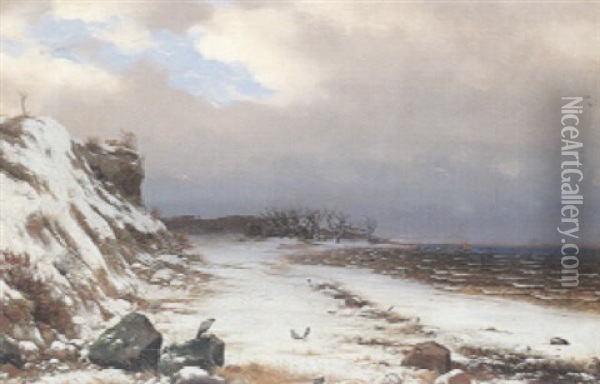 Romantisk Kystlandskab Med Krager Pa Strandbedden, Vinter Oil Painting - Heinrich Buntzen