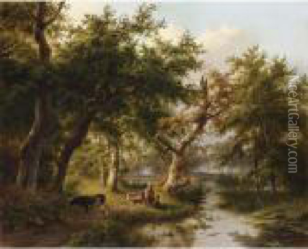 Figures And Cattle In A Sunlit Wooded Landscape Oil Painting - Johann Bernard Klombeck