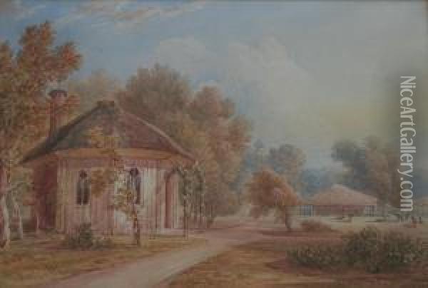 Lodge Cottage In A Park, Cattle Beyond Oil Painting - Henry Bryan Ziegler